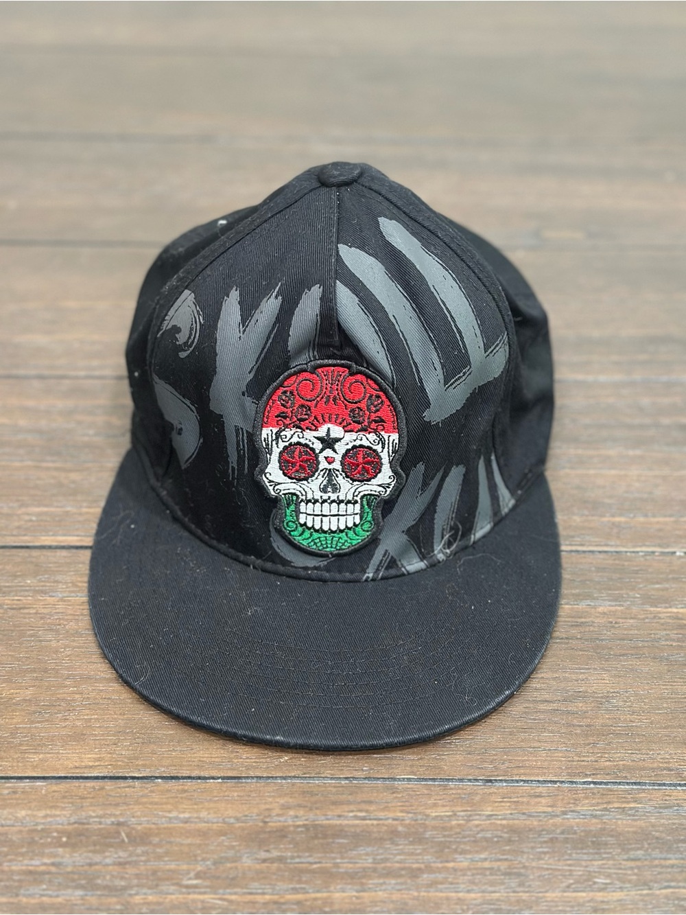 Black Kids Snapback Hat with Red & Green Sugar Skull Patch